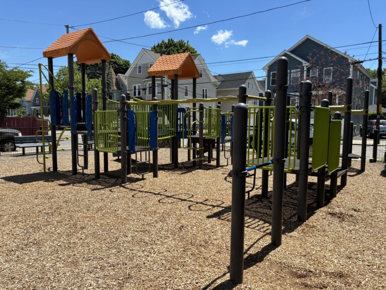 Mattie Smith Park play structure for ages 5-12 features pull up bars a fire pole and a track ride