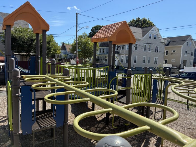 Mattie Smith Park play structure for ages 5-12 features two overhead ladders and various climbers