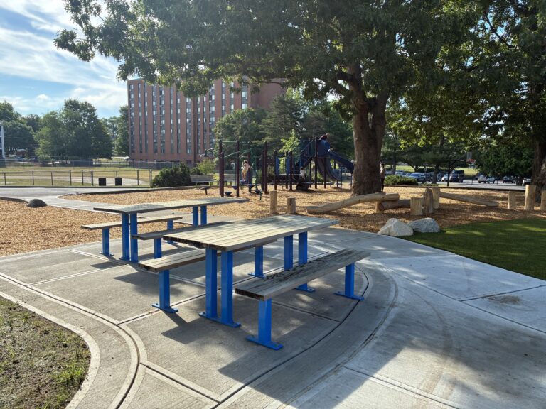 Miguel Luna Park picnic area new in 2026 looking towards restored playground for ages 5-12