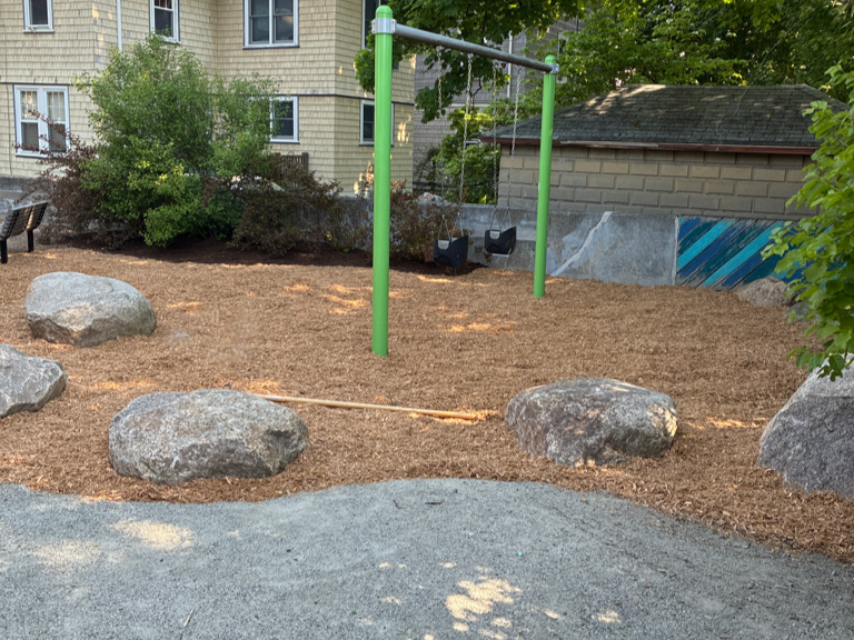 Morris Ave Park fresh engineered wood fiber mulch and stone dust installed by park crew