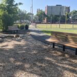 Mt Pleasant Little League Park ample seating with sand play area facing field 1 and the high school