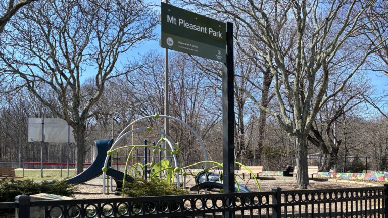 Mt Pleasant Little League Park view of the playground from the avenue in early Spring with significant trees