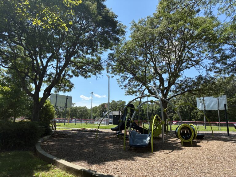 Mt Pleasant Little League Park playground equipment for ages 2-5 with mix of sun and shade