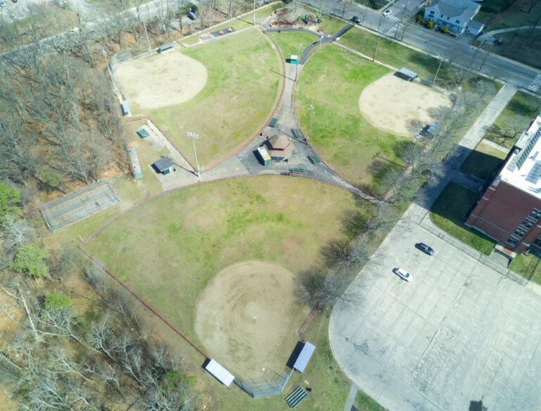 Mt Pleasant Little League Park aerial photo of 3 ballfields from April 2021