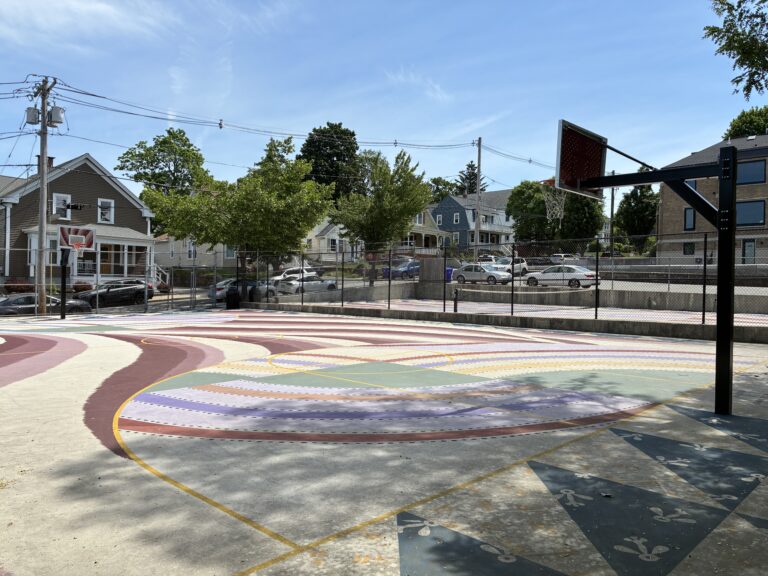 Ninth St Park basketball court facing the street, northeast