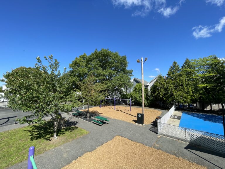 Pastore Park view of the park from atop the play structure for ages 5-12 with a tall slide