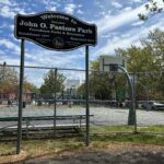 Pastore Park entrance on Knight St has a set of stairs up from the sidewalk to the basketball court