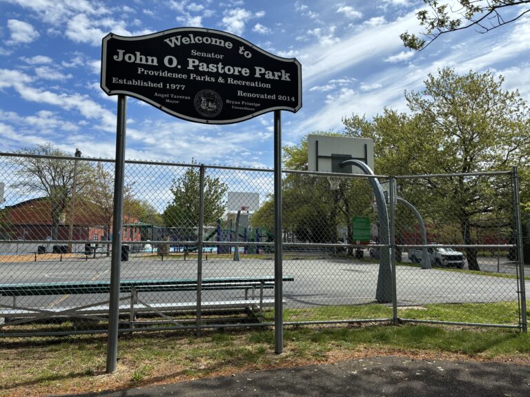 Pastore Park entrance on Knight St has a set of stairs up from the sidewalk to the basketball court