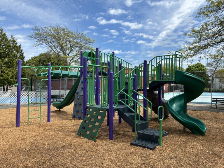 Pastore Park play structure for ages 5-12 features a spiral slide and multiple different climbers