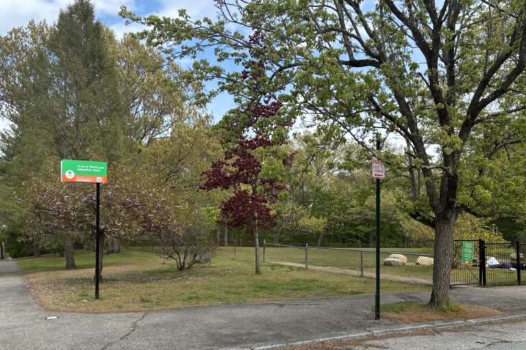Paterson Park Tortolani Field sign at the corner of Angell and Paterson Streets with an entrance to the field