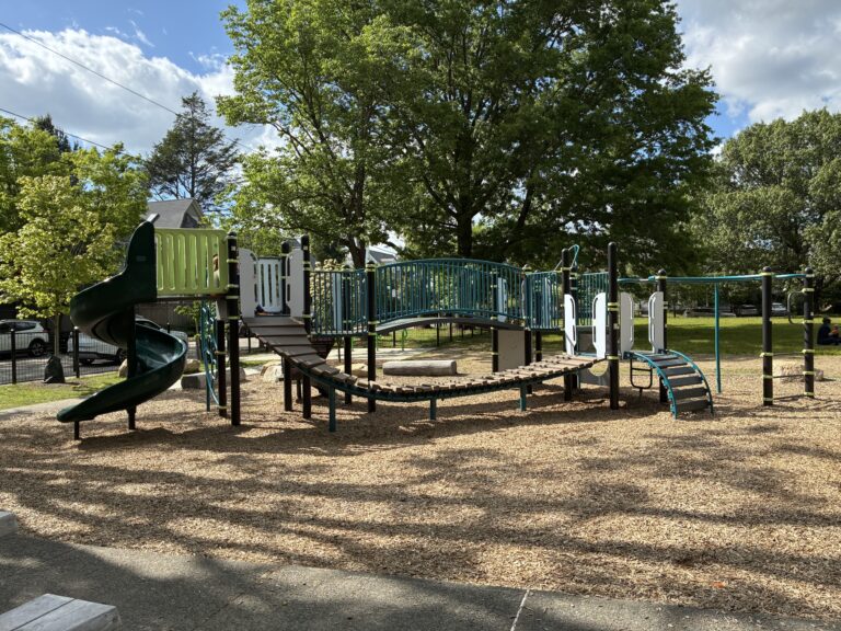 Paterson Park playground for ages 5-12 masterfully updated while retaining the original spiral slide