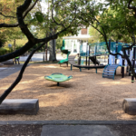 Paterson Park playground features a small carousel spinner for ages 2-12, ample shade and seating