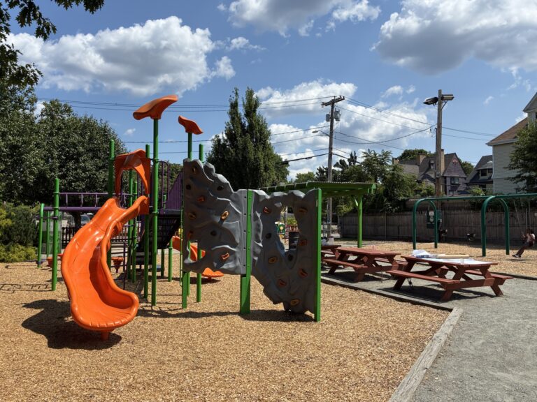 Peace & Plenty Park play equipment for ages 5-12 includes two slides and rock climbing wall
