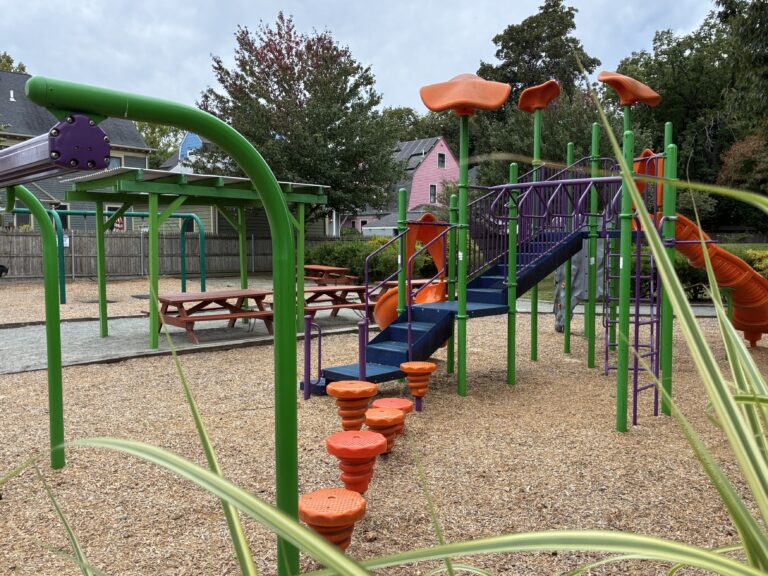 Peace & Plenty Park play structure for ages 5-12 and picnic area, looking at the pod steps leading to the transfer stairs