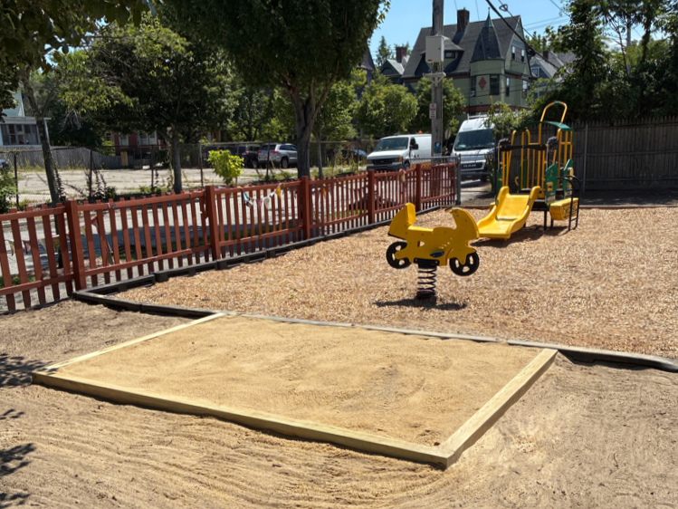 Peace & Plenty Park sandbox rebuilt in 2026 inside the play area for ages 2-5