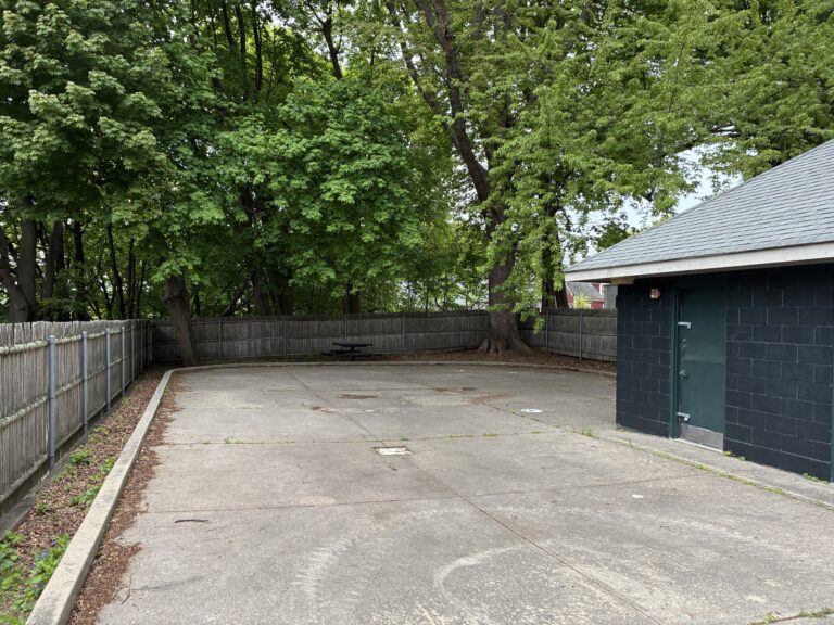 Pleasant St Park is the site of a former waterpark and contains a picnic table in the back