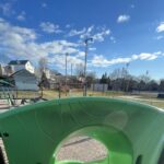 Prete-Metcalf Park view from atop the playground spiral slide for ages 5-12 in winter. Overlooking Prete field and the parkour fitness area