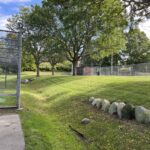Prete-Metcalf Park batting cage at field 1 and a green berm with shade trees between the ballfields