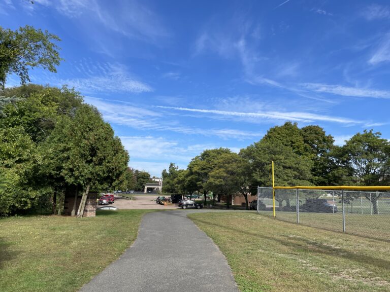 Prete-Metcalf Park looking north on the Arthur Coia walking track as it passes the right field foul pole on Field 2