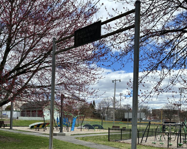 Prete-Metcalf Park gateway from Hawkins St with Prete Memorial sign