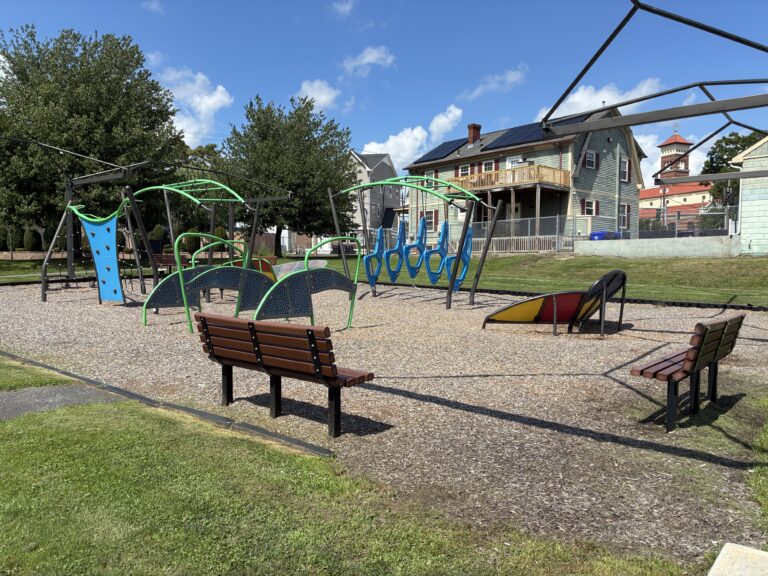 Prete-Metcalf Park parkour fitness area has a variety of climbing structures and ample bench seating