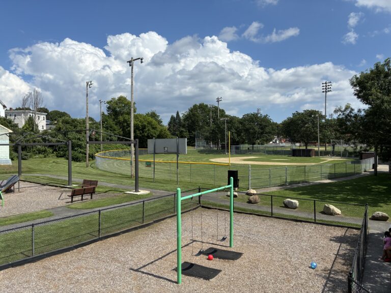 Prete-Metcalf Park features belt swings for ages 5-12, viewed from atop the playground structure