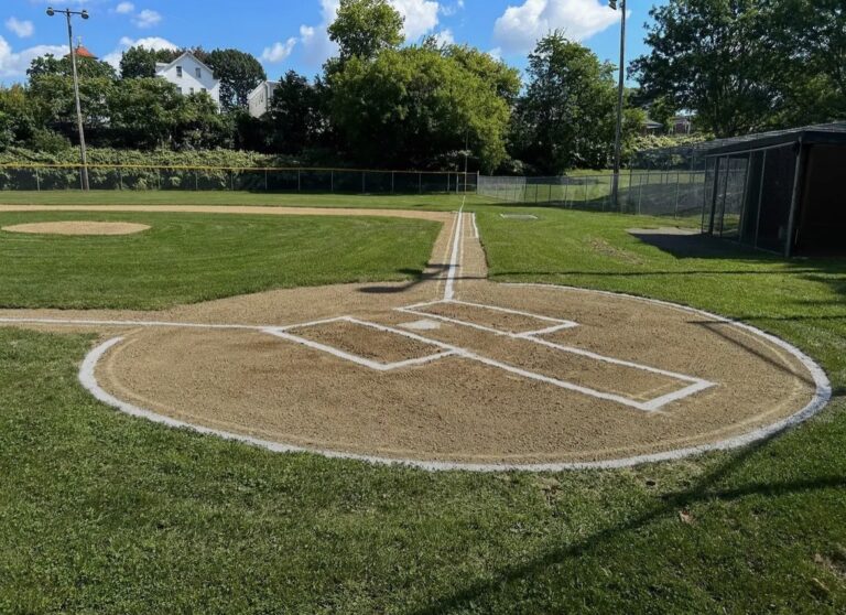 Prete-Metcalf Park Field 1 freshly groomed and lined looking up the first base line from home plate