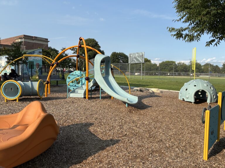 Richardson Park playground equipment for ages 2-5 including a slide with stair access
