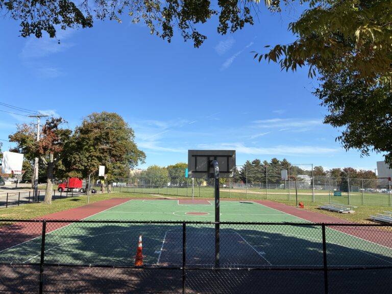Richardson Park basketball court viewed from the shaded picnic area