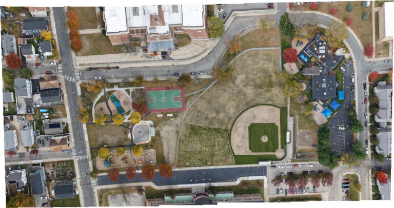 Richardson Park aerial photo of entire park including baseball field with new infield installed November 2025