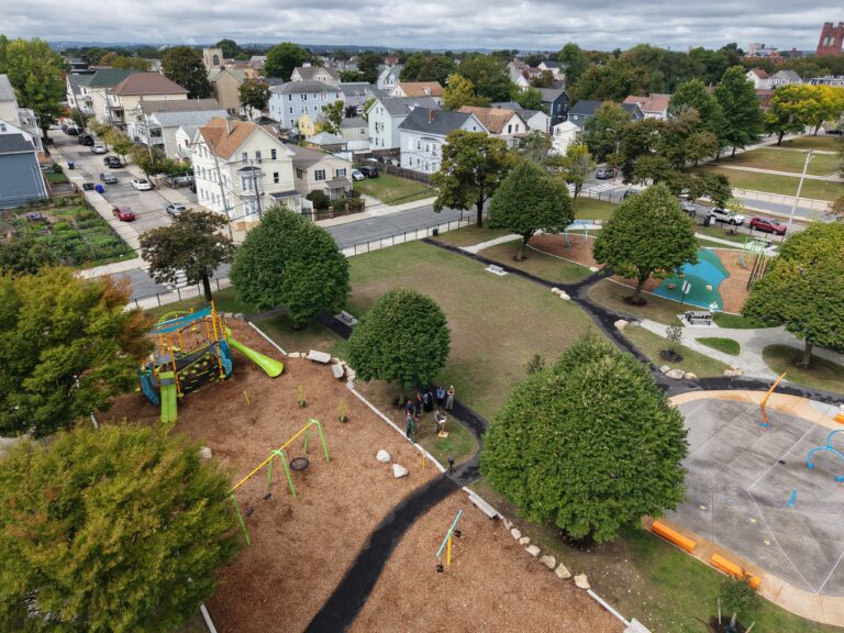 Richardson Park bird's eye view facing northwest over the playground and waterpark during the ribbon cutting ceremony on September 18, 2025