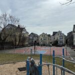 Ridge St Park view of basketball court from atop the playground equipment for ages 2-12