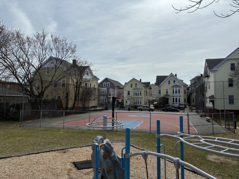 Ridge St Park view of basketball court from atop the playground equipment for ages 2-12