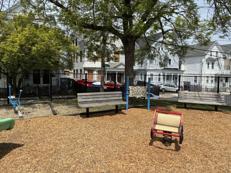 Ridge St Park playground seating area with shade tree