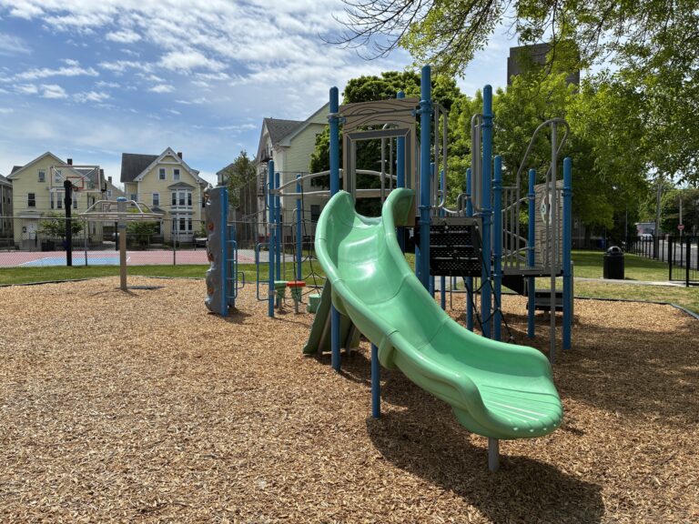 Ridge St Park playground for ages 2-12 features a curved slide