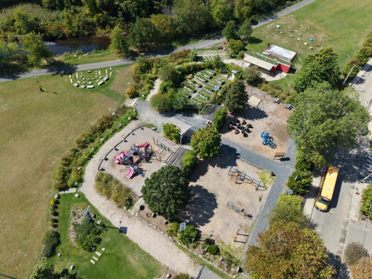 Riverside Park bird's eye view in September 2025 facing southwest over the developed section of the park