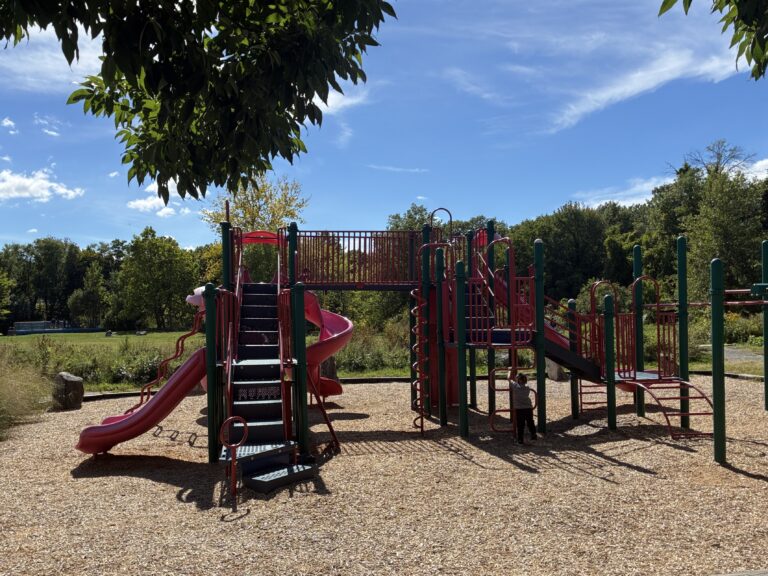 Riverside Park main play structure for ages 2-12 features 3 slides