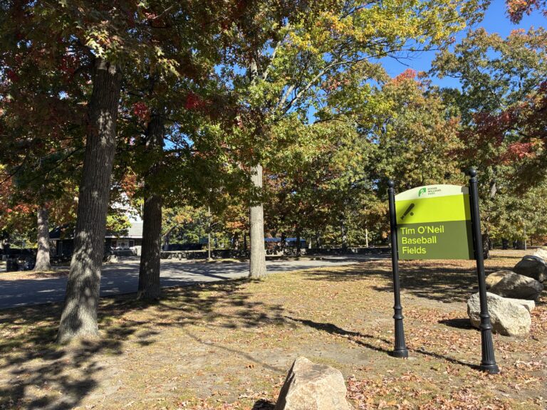 Tim O'Neil Fields entrance sign heading east out of the park to Broad St