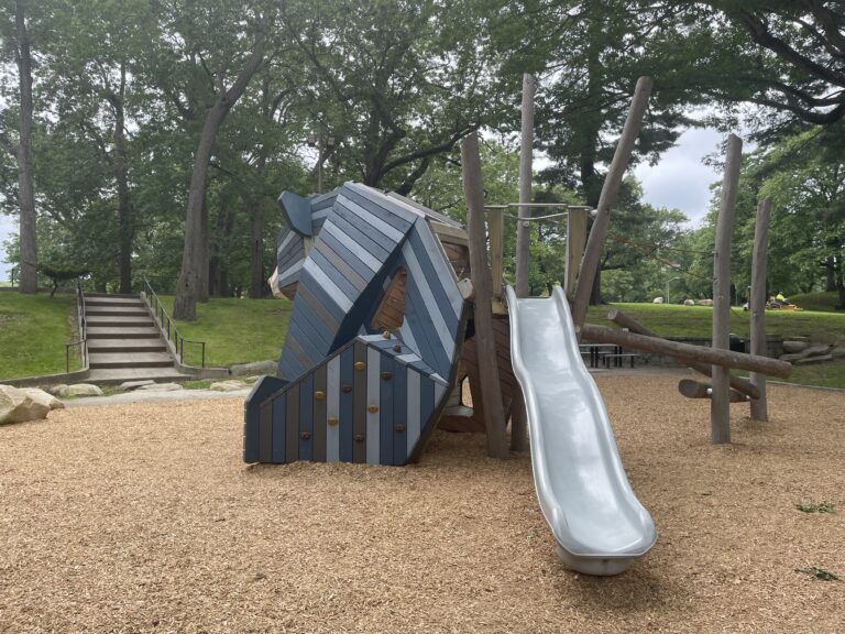 Roger Williams Park Bear Ground looking up the slide and past the play sculpture to Maple Ave