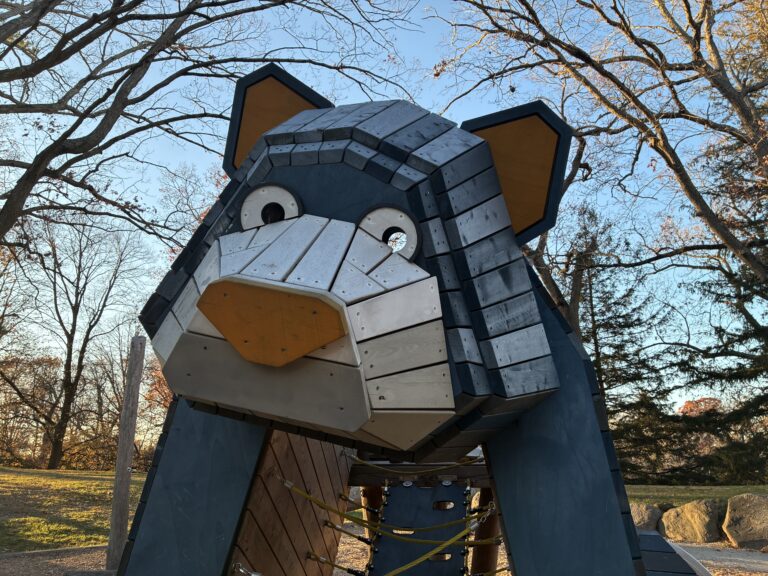 Roger Williams Park Bear Ground play sculpture close-up of eye with loft area behind