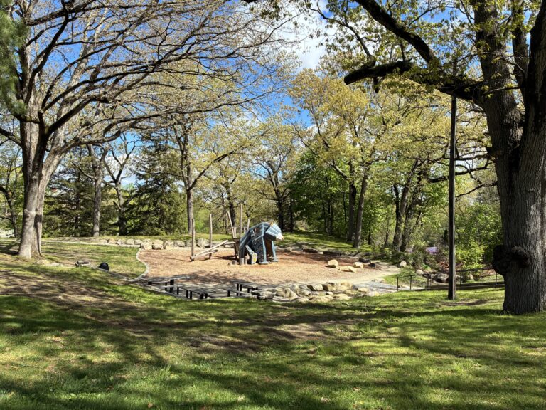 Roger Williams Park Bear Ground view of the play area from Hillside Ave in Spring
