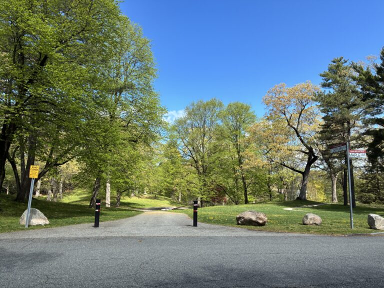 Roger Williams Park Bear Ground view looking down Hillside Ave in Spring