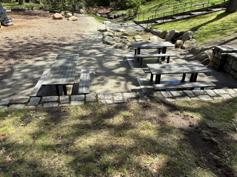 Roger Williams Park Bear Ground picnic area features 3 tables one of which is ADA-accessible