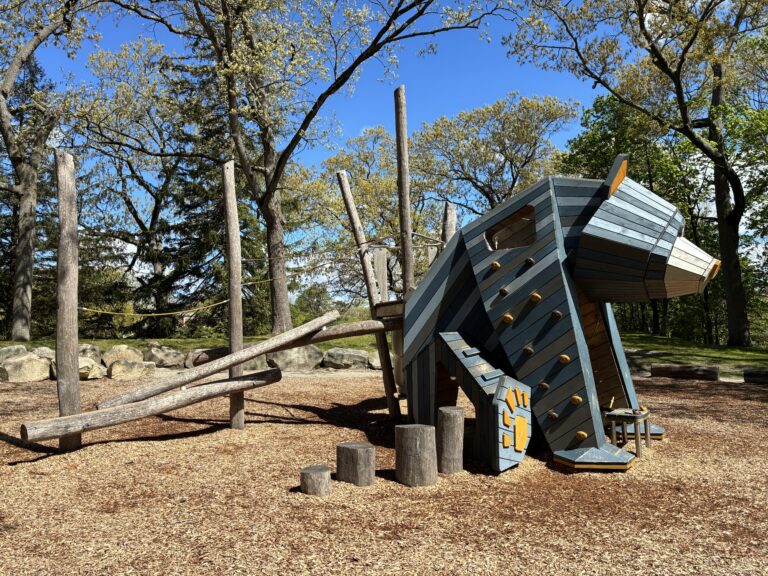 Roger Williams Park Bear Ground play sculpture in spring with buds on the trees