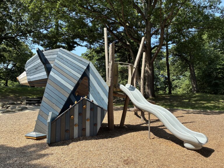 Roger Williams Park Bear Ground play sculpture features a slide