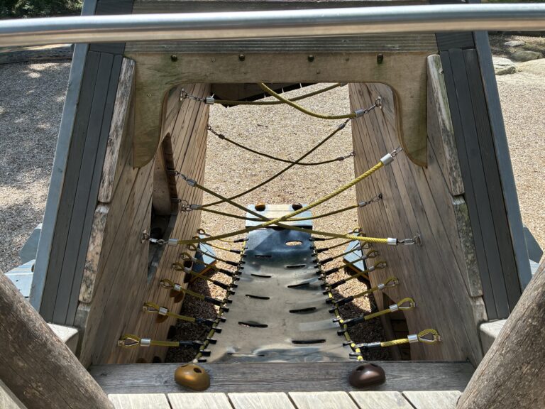 Roger Williams Park Bear Ground inside the play sculpture are ropes, belts, and rock climber style handholds to access the slide deck