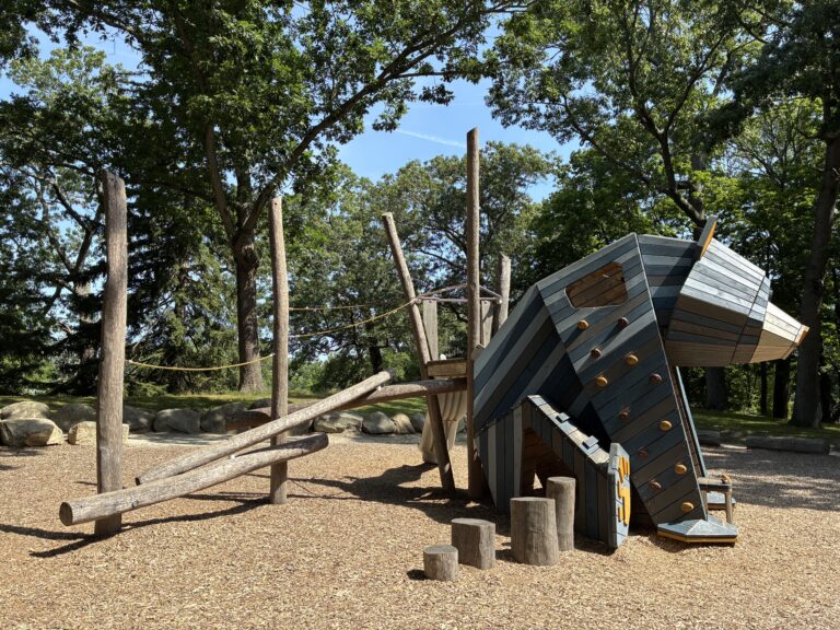 Roger Williams Park Bear Ground play sculpture features rock climber style handhold panels and log climbing structures