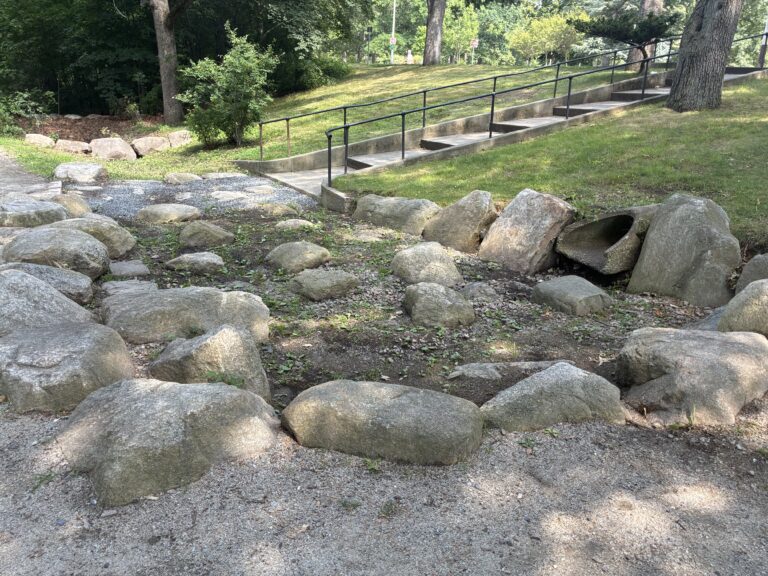 Roger Williams Park Bear Ground beginning of the bioretention area looking across the stairs from Maple Ave