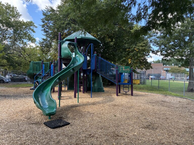 Sessions Street Park play structure for ages 5-12 features a unique curved slide, two activity panels, and central climbing tower