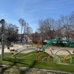 Viscolosi Park playground at the top of the synthetic turf berm in March